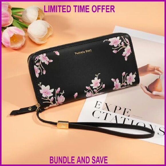 Large RFID Blocking Leather Wristlet Wallet with 10 Card Slots - Picture 3 of 8